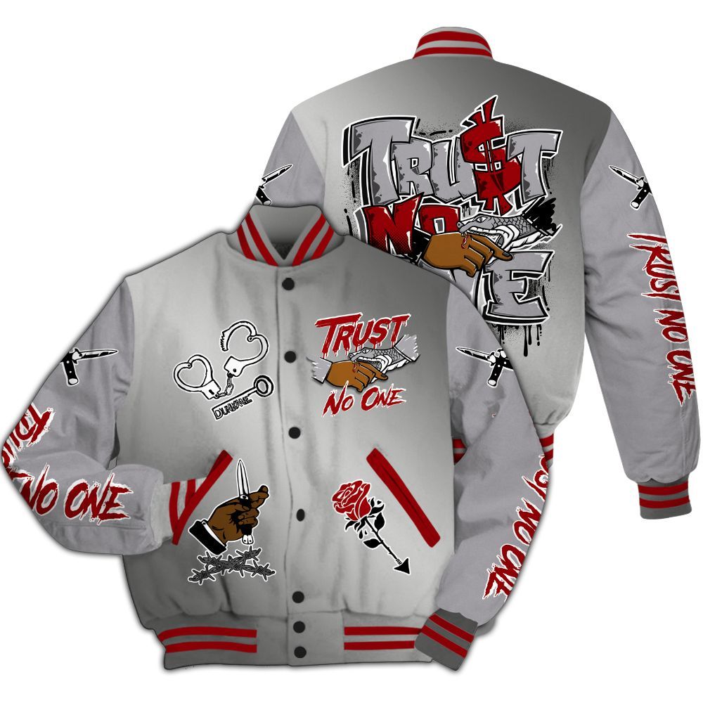 Varsity Jacket To Match Metallic Silver 14s - Trust No One Dripping All Over Print