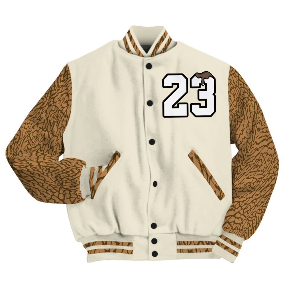 Varsity Jacket To Match Orewood Brown 3s - Custom Name Number 23 Drip All Over Print