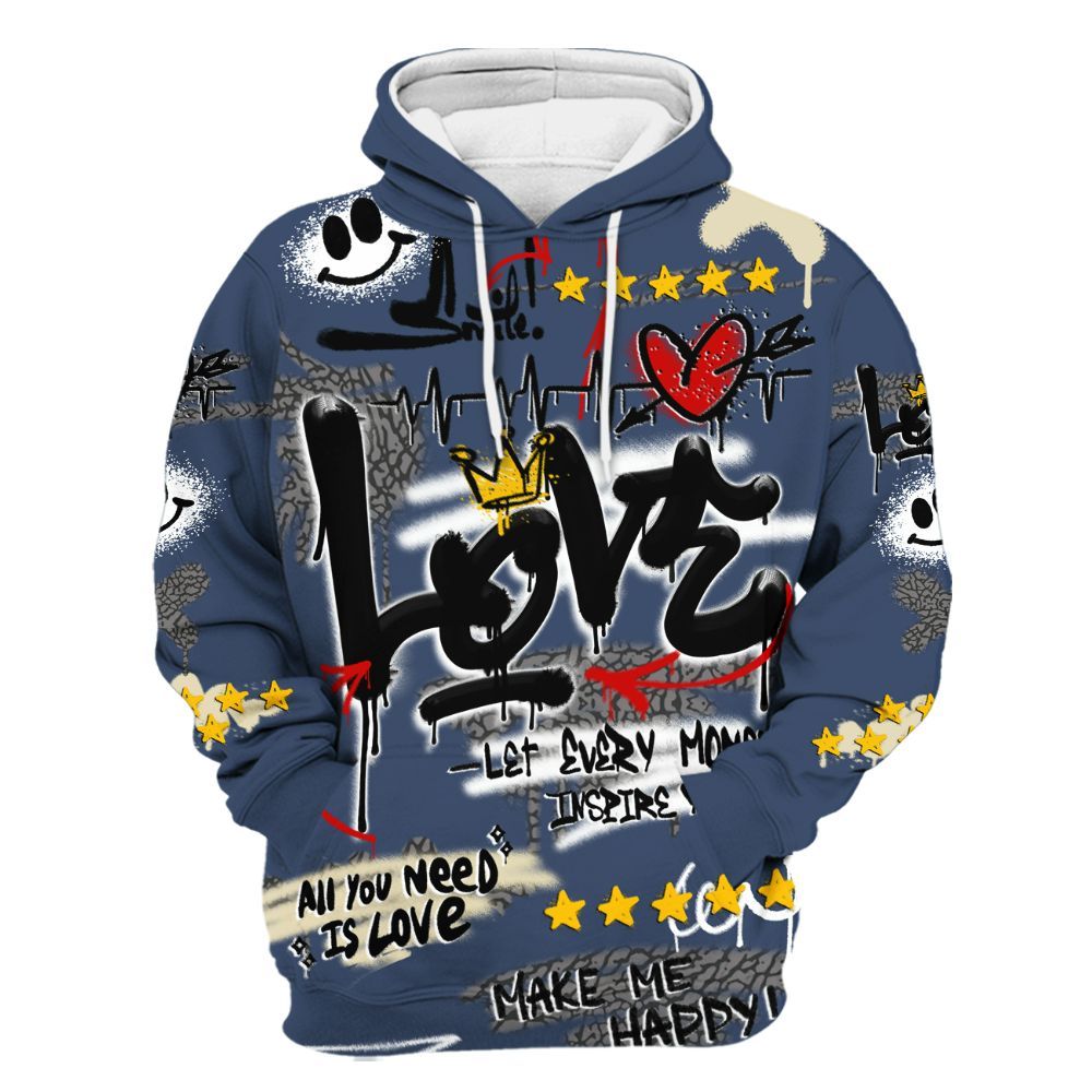 Hoodie To Match Diffused Blue 3s - Happy Love Beats Graffiti Streetwear All Over Print